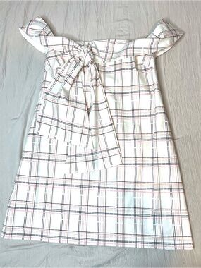 ISLA White Plaid Off-Shoulder Mini Dress Front Bow SZ XS EUC
